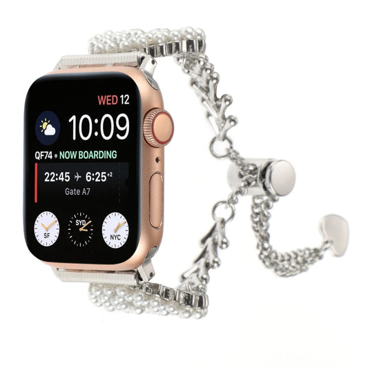 Rynx | For Apple Watch Series 6 44 mm Pearl Round Zinc Alloy Chains Metal Bracelet (Silver)