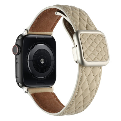 Rynx | For Apple Watch Series 9 45mm Diamond Pattern Magnetic Square Buckle Leather Watch Band (Starlight Color)