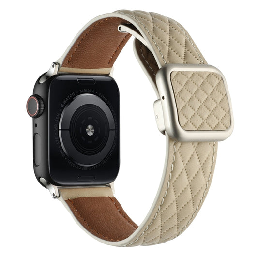 Rynx | For Apple Watch Series 9 45mm Diamond Pattern Magnetic Square Buckle Leather Watch Band (Starlight Color)