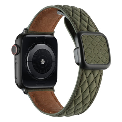 Rynx | For Apple Watch Series 8 41mm Rhombus Pattern Magnetic Square Buckle Leather Strap (Army Green)