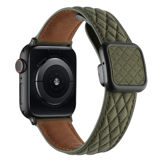 Rynx | For Apple Watch Series 8 41mm Rhombus Pattern Magnetic Square Buckle Leather Strap (Army Green)