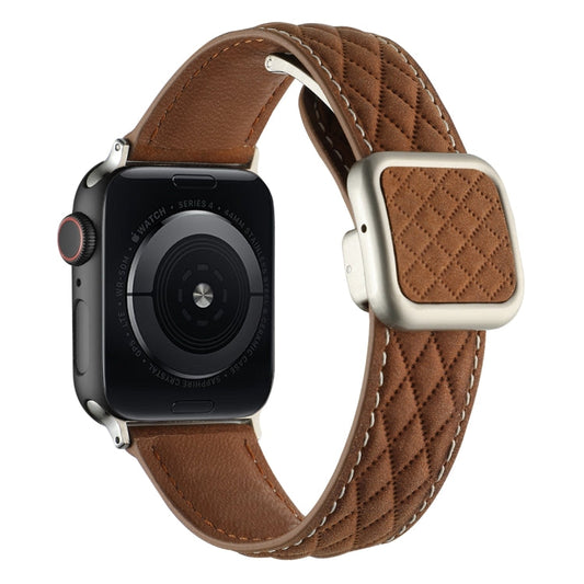 Rynx | For Apple Watch Series 8 45mm Rhombus Pattern Magnetic Square Buckle Leather Watch Band (Dark Brown)