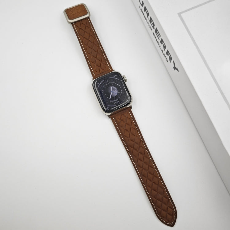 Rynx | For Apple Watch Series 8 45mm Rhombus Pattern Magnetic Square Buckle Leather Watch Band (Dark Brown)