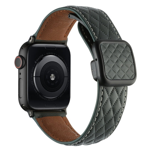 Rynx | For Apple Watch SE 40mm Diamond Pattern Magnetic Square Buckle Leather Watch Band (Dark Green)