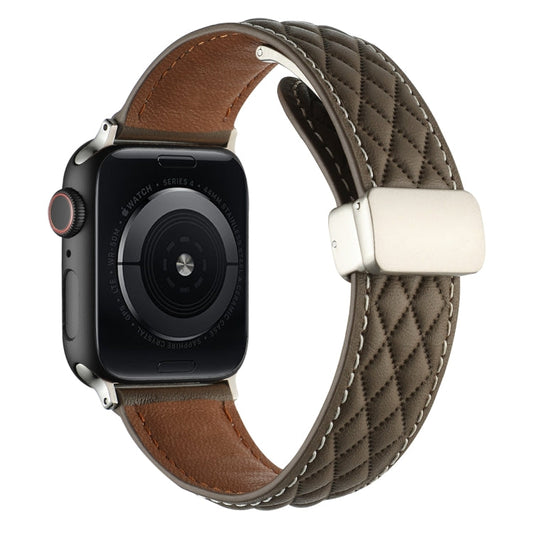 Rynx | For Apple Watch Series 9 45mm Diamond Pattern Magnetic Folding Clasp Leather Watch Band (Brown)