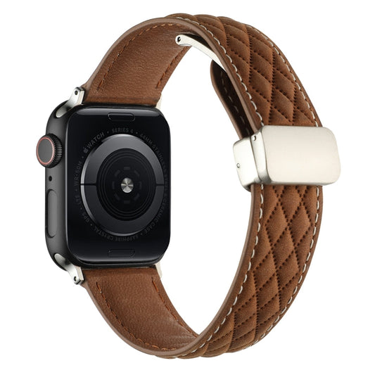 Rynx | For Apple Watch SE 2022 40mm Rhombus Pattern Magnetic Buckle Leather Watch Band (Dark Brown)