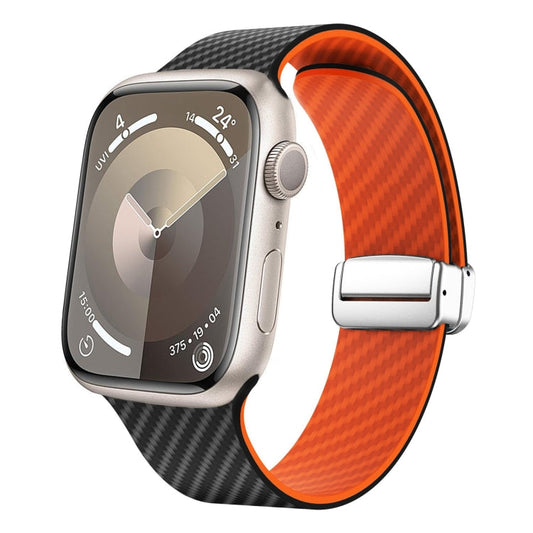 Rynx | For Apple Watch Series 9 45mm Carbon Fiber Magnetic Silver Buckle Watch Band (Black Orange)