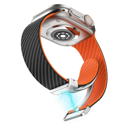 Rynx | For Apple Watch Series 9 45mm Carbon Fiber Magnetic Silver Buckle Watch Band (Black Orange)