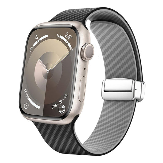 Rynx | For Apple Watch Series 9 45mm Carbon Fiber Magnetic Silver Buckle Band (Black Gray)