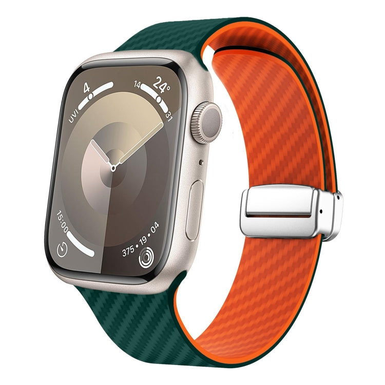Rynx | For Apple Watch Series 9 45mm Carbon Fiber Magnetic Silver Buckle Watch Band (Deep Green Orange)