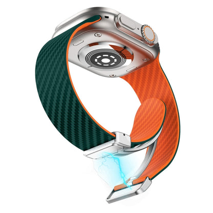 Rynx | For Apple Watch Series 9 45mm Carbon Fiber Magnetic Silver Buckle Watch Band (Deep Green Orange)