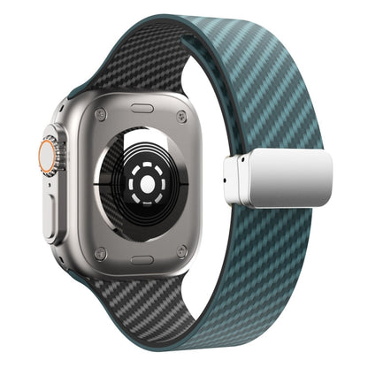 Rynx | For Apple Watch Series 9 45mm Carbon Fiber Magnetic Silver Buckle Strap (Deep Green Black)
