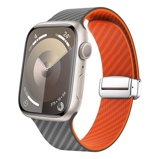 Rynx | For Apple Watch Series 9 45mm Carbon Fiber Magnetic Silver Buckle Watch Band (Spacy Gray Orange)