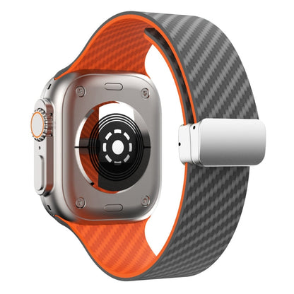 Rynx | For Apple Watch Series 9 45mm Carbon Fiber Magnetic Silver Buckle Watch Band (Spacy Gray Orange)