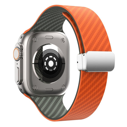 Rynx | For Apple Watch Series 5 44mm Carbon Fiber Magnetic Silver Buckle Watch Band (Orange Grass)