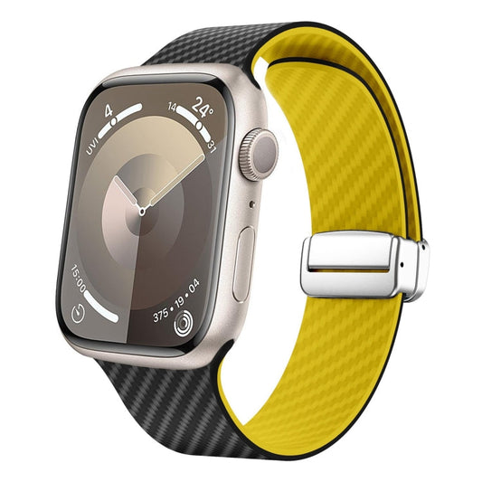 Rynx | For Apple Watch Series 3 38mm Carbon Fiber Magnetic Silver Buckle Watch Band (Black Yellow)