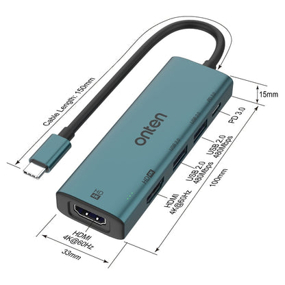 Rynx | Onten UC126 5 in 1 USB-C / Type-C to Dual HDMI + USB2.0 + PD3.0 Multi-Function HUB Docking Station