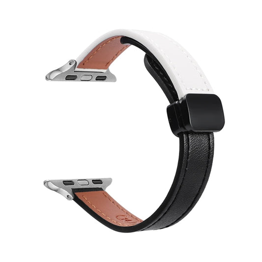 Rynx | For Apple Watch Series 9 41mm Slim Magnetic Buckle Genuine Leather Watch Strap (Solid Black Beige)