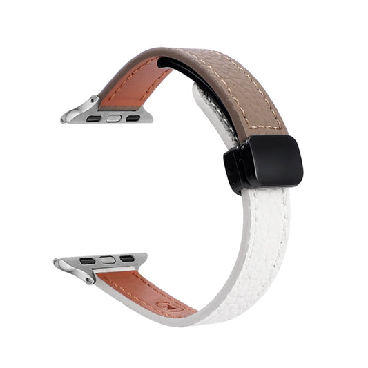 Rynx | For Apple Watch Series 9 41mm Slim Magnetic Buckle Genuine Leather Watch Strap (Litchi Beige Coffee)