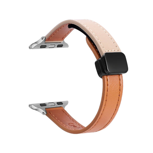 Rynx | For Apple Watch Series 6 44mm Slim Magnetic Closure Genuine Leather Watch Band (Simple Orange Apricot)