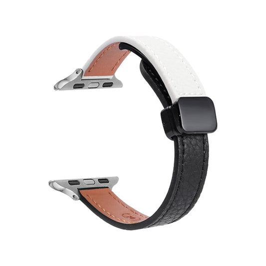 Rynx | For Apple Watch Series 5 40mm Slim Magnetic Closure Genuine Leather Watch Strap (Litchi Black Beige)