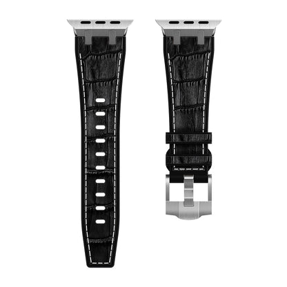 Rynx | For Apple Watch Series 9 45mm Crocodile Leather Texture Liquid Silicone Watch Strap (Silver White Black)