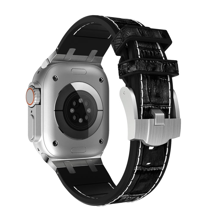 Rynx | For Apple Watch Series 9 45mm Crocodile Leather Texture Liquid Silicone Watch Strap (Silver White Black)