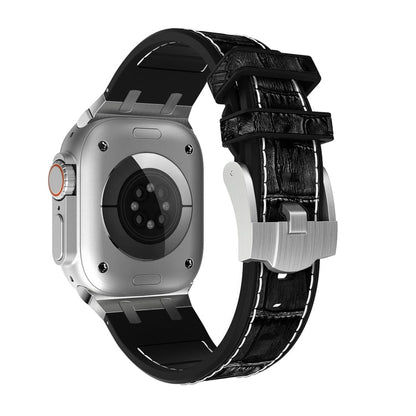 Rynx | For Apple Watch Series 9 45mm Crocodile Leather Texture Liquid Silicone Watch Strap (Silver White Black)
