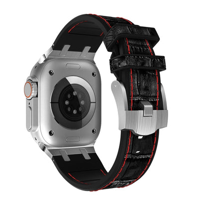 Rynx | For Apple Watch Series 9 45mm Crocodile Texture Liquid Silicone Watch Strap (Silver Red Black)