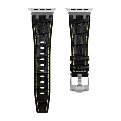 Rynx | For Apple Watch Series 9 45mm Crocodile Texture Liquid Silicone Watch Strap (Silver Yellow Black)