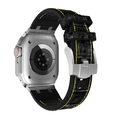 Rynx | For Apple Watch Series 9 45mm Crocodile Texture Liquid Silicone Watch Strap (Silver Yellow Black)