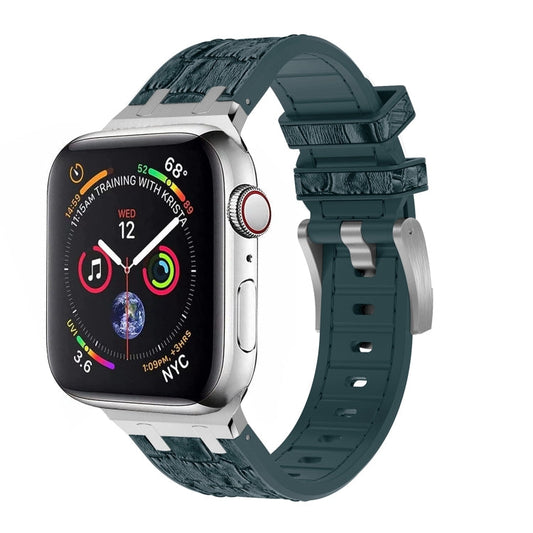 Rynx | For Apple Watch Series 9 45mm Crocodile Texture Liquid Silicone Watch Band (Silver Deep Green)