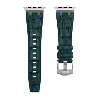 Rynx | For Apple Watch Series 9 45mm Crocodile Texture Liquid Silicone Watch Band (Silver Deep Green)