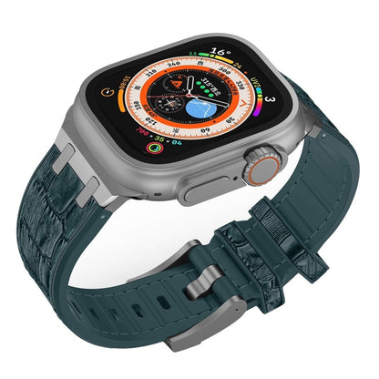 Rynx | For Apple Watch Series 9 45mm Crocodile Texture Liquid Silicone Watch Band (Silver Deep Green)
