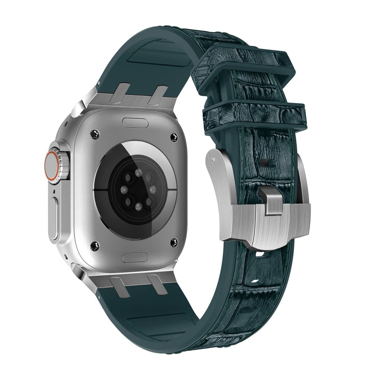 Rynx | For Apple Watch Series 9 45mm Crocodile Texture Liquid Silicone Watch Band (Silver Deep Green)