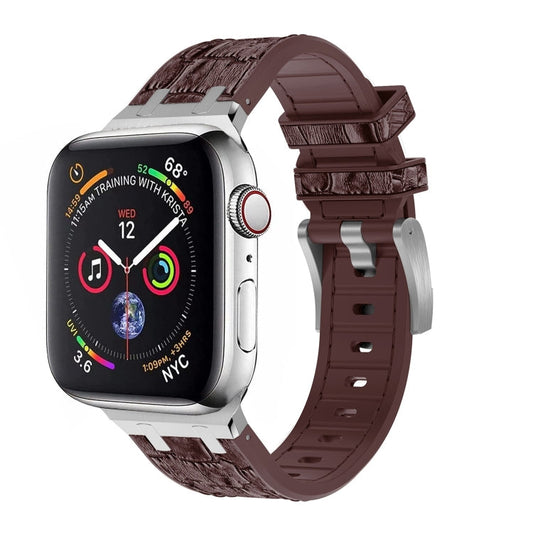 Rynx | For Apple Watch Series 9 45mm Crocodile Texture Liquid Silicone Watch Band (Silver Dark Brown)