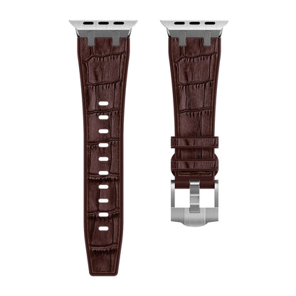 Rynx | For Apple Watch Series 9 45mm Crocodile Texture Liquid Silicone Watch Band (Silver Dark Brown)