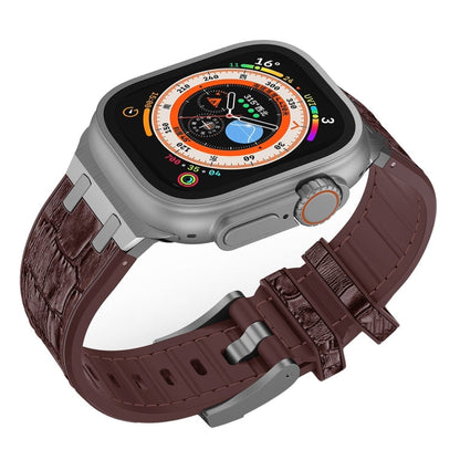 Rynx | For Apple Watch Series 9 45mm Crocodile Texture Liquid Silicone Watch Band (Silver Dark Brown)