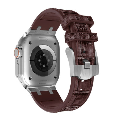 Rynx | For Apple Watch Series 9 45mm Crocodile Texture Liquid Silicone Watch Band (Silver Dark Brown)