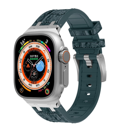 Rynx | For Apple Watch Ultra 49mm Crocodile Texture Liquid Silicone Watch Band (Silver Deep Green)