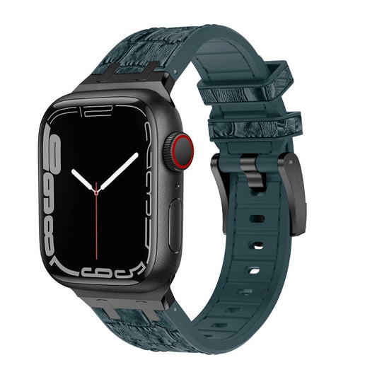 Rynx | For Apple Watch SE 2022 44mm Crocodile Texture Liquid Silicone Watch Strap (Black Deep Green)