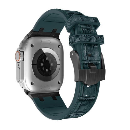 Rynx | For Apple Watch SE 2022 44mm Crocodile Texture Liquid Silicone Watch Strap (Black Deep Green)