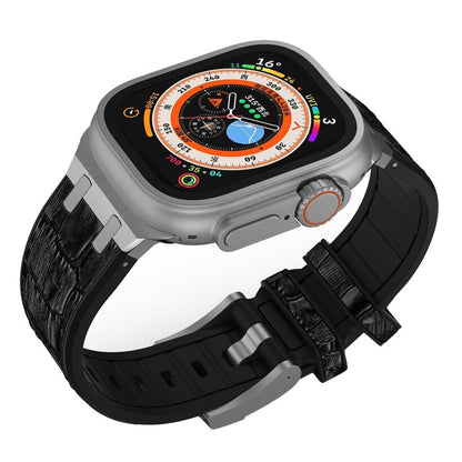 Rynx | For Apple Watch Series 4 44mm Crocodile Leather Texture Liquid Silicone Band (Silver Black)