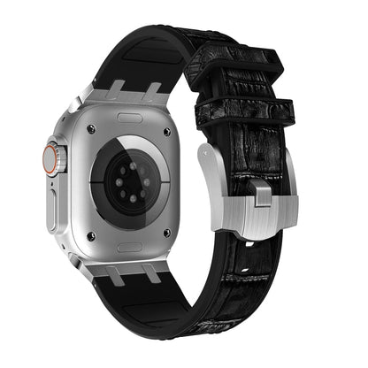 Rynx | For Apple Watch Series 4 44mm Crocodile Leather Texture Liquid Silicone Band (Silver Black)