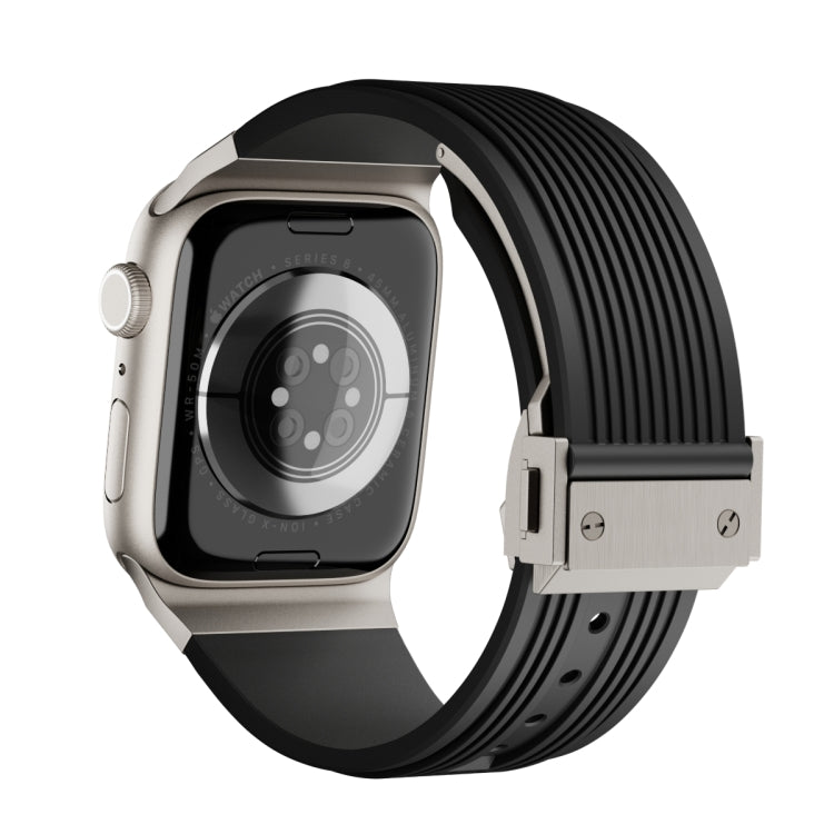 Rynx | For Apple Watch Series 6 44mm Vertical Texture Titanium Buckle Elastic Silicone Strap (Black)