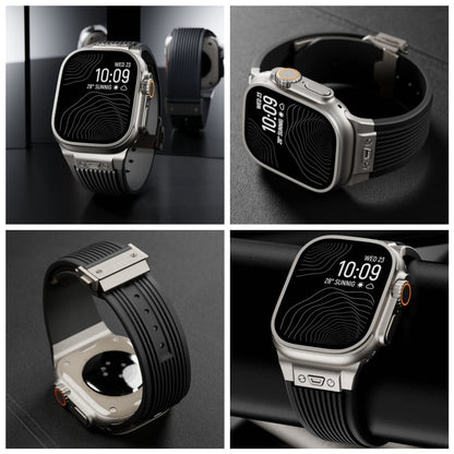 Rynx | For Apple Watch Series 6 44mm Vertical Texture Titanium Buckle Elastic Silicone Strap (Black)