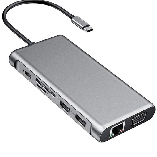 Rynx | 12 in 1 HDMI x2 + USB3.0 + USB2.0 + PD Charging + VGA + RJ45 + 3.5mm Jack + TF/SD x2 Type-C / USB-C HUB Docking Station (Dark Gray)