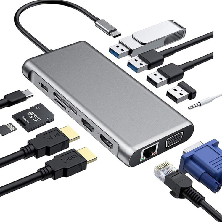 Rynx | 12 in 1 HDMI x2 + USB3.0 + USB2.0 + PD Charging + VGA + RJ45 + 3.5mm Jack + TF/SD x2 Type-C / USB-C HUB Docking Station (Dark Gray)