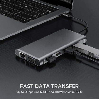 Rynx | 12 in 1 HDMI x2 + USB3.0 + USB2.0 + PD Charging + VGA + RJ45 + 3.5mm Jack + TF/SD x2 Type-C / USB-C HUB Docking Station (Dark Gray)