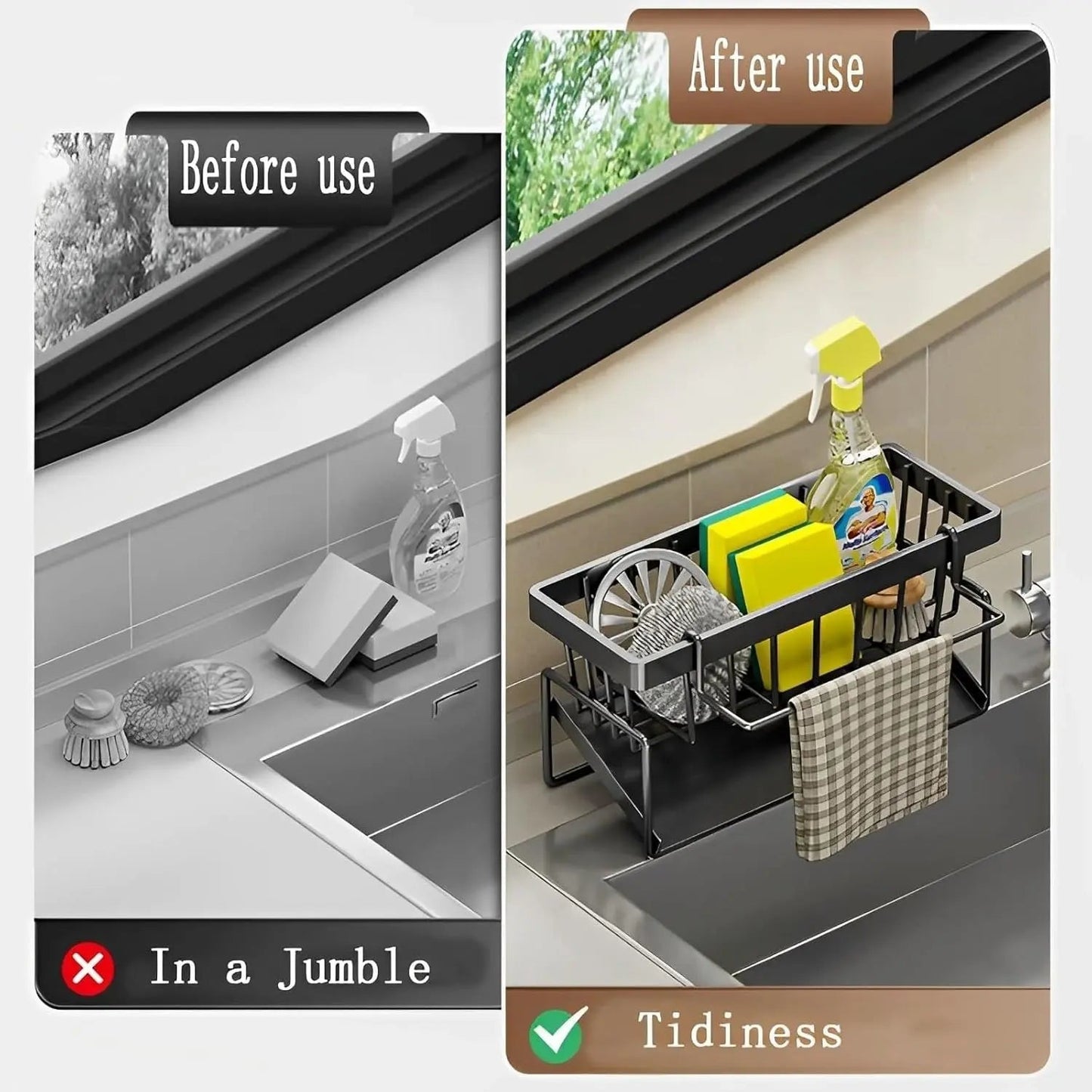 Rynx | Stainless Steel Sink Organizer – With Towel Holder & Drain for Clean Order
